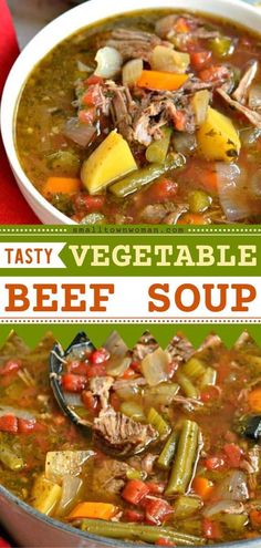 a bowl of beef vegetable soup with a spoon in it and the title overlay reads tasty vegetable beef soup