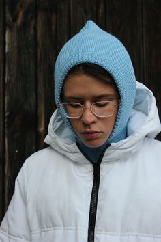 Woolen balaclava hat in light blue. Needless to say this is the epitome of soft & cozy. This hat is a small thing that can make your F/W outfit sing. Perfect for cold winter. Handmade with love. Premium 100% wool. Casual Balaclava With Detachable Hood For Winter, Casual Knitted Full Face Bonnet, Casual White Balaclava, Casual Blue Full Face Balaclava, Casual Balaclava Beanie For Streetwear, Blue Balaclava For Winter Cold Weather, Blue Balaclava For Cold Weather And Winter, White Knitted Balaclava For Cold Weather, Outdoor Blue Knitted Beanie