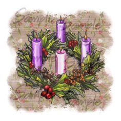 a christmas wreath with purple candles and holly leaves on it, surrounded by red berries