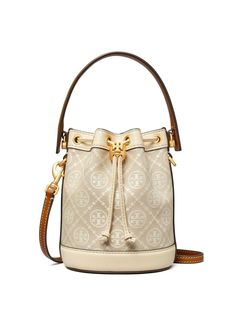 natural beige leather full jacquard drawstring fastening single circular top handle detachable shoulder strap main compartment Tory Burch Bucket Bag, Neutral Bag, T Monogram, Mini Bucket Bag, Mini Bucket Bags, Mini Bucket, Drawstring Bucket Bag, Tory Burch Handbags, Leather Bucket Bag