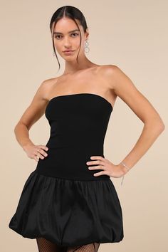 Defined Chicness Black Strapless Bubble-Hem Mini Dress Taffeta Fabric, Talk Of The Town, Bubble Hem, Bubble Dress, Adhesive Bra, Strapless Mini Dress, Fitted Silhouette, Strapless Bra, Large Size Dresses