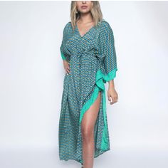 Sol La Vie Kaftan Women's Plus Size Caftans Print Vneck Kaftans Loose Soft Kaftan Dresses With Drawstring Waist Color: Blue Green Size: One Size Plus Size Kaftan, Pleated Party Dress, Kaftan Dresses, Belted Wrap Dress, Connected Apparel Dress, Drawstring Dress, Three Quarter Sleeve Dresses, Embroidered Tunic Dress, Sleeveless Knit Dress