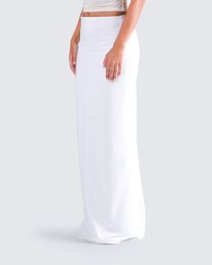 A white maxi skirt is a staple that everyone needs 🙌 With a simple and sleek design, this look is perfect for dressing up or down for any occasion. Made from a slinky jersey fabric, and complete with a mid-rise fit and ruching details 🤍 Summer Party Maxi Skirt In Elastane, Evening Maxi Skirt With Stretch, Stretch Maxi Skirt For Evening, Evening Stretch Maxi Skirt, White Lined Maxi Dress, White Maxi Length Lined Skirt, White Lined Maxi Skirt, White Maxi Length Lined Bottoms, White Maxi Length Bottoms With Lined Skirt