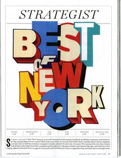 an advertisement for the best of new york, featuring letters in different colors and sizes