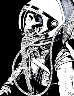 a drawing of an astronaut with a skull in his helmet and oxygen tube attached to it