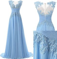 Blue A-line Chiffon Dress For Wedding, Blue A-line Chiffon Wedding Dress, Blue Sleeveless Chiffon Prom Dress, Light Blue Fitted Chiffon Dress For Wedding, Fitted Light Blue Chiffon Dress For Wedding, Blue Chiffon Dress For Prom Season, Blue Chiffon Dress For Homecoming, Blue Chiffon Homecoming Dress, Blue Chiffon Evening Dress For Prom