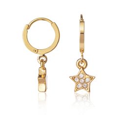 Detailed hoop earrings plated in 16k Gold. Perfect to wear on there own or matched with other earrings for a individual style. 16k Yellow gold platedKeep away from liquids, especially perfumes Elegant Gold Hoop Earrings With Star Charm, Gold Star-shaped Single Hoop Earring, Gold Hoop Earrings With Star Charm For Gift, Gold Plated Star Hoop Earrings Tarnish Resistant, Gold Hoop Earrings With Star Charm As A Gift, Gold Plated Star Hoop Earrings, Gold Plated Star-shaped Hoop Earrings, Star-shaped Gold Plated Hoop Earrings In Yellow Gold, Gold Plated Star Shaped Hoop Earrings