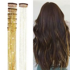 Golden Hair Tinsel, Dark Brown Hair With Tinsel, Gold Hair Tinsel, Hair Tinsels, Glitter Hair Extensions, Fairy Hair Tinsel, 2nd Day Hair, Top Knots, Hair Tinsel