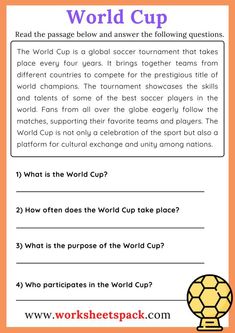 the world cup worksheet is shown with an orange background and white text on it