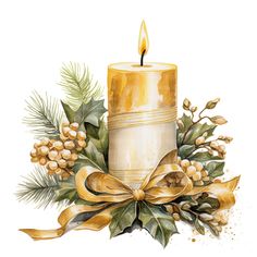 a watercolor painting of a lit candle surrounded by holly and pine cones with gold ribbon