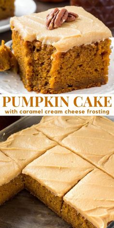 pumpkin cake with caramel cream cheese frosting is cut into squares and sits on a plate