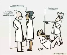 a cartoon depicting two men in lab coats and one is pointing at another man wearing a hat