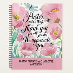 a spiral notebook with the words pastor and his wife thank you for all you do, we appreciate you