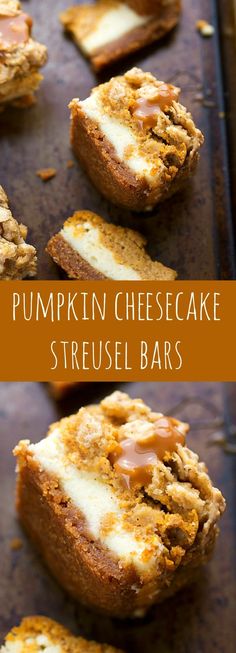 pumpkin cheesecake streusel bars on a baking sheet with the title above it