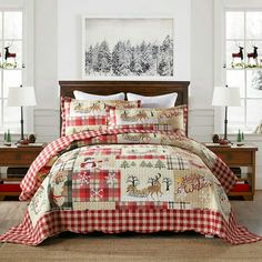 a bed covered in a red and white checkered comforter next to two windows