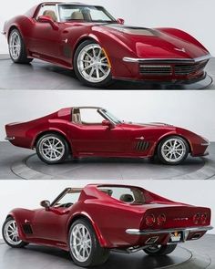 the red sports car is on display in three different views, one showing the top and bottom