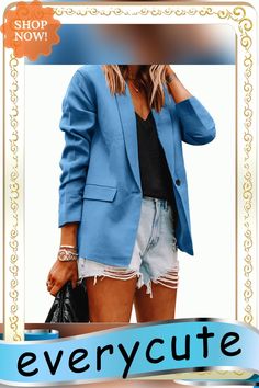 Solid Blue Turndown Collar Blazer Coat Turndown Collar, Blazer Coat, Blazer, Collar, Blue