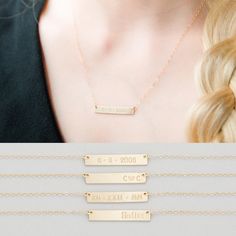 "A beautiful gold filled bar name necklace. This personalized bar necklace is the perfect piece to stamp with your kids names, your initials, your anniversary date, you & your spouses initials, etc. This gold name plate bar necklace can be personalized any number of ways. From 1 initial to full names or dates, the possibilities are endless! We stamp each piece by hand with the utmost care. Each letter is stamped one at a time for a truly unique necklace. We are sure you will fall in love wit Gold Nameplate Bar Necklace For Mother's Day, Custom Name Necklace For Mother's Day, Mother's Day Gold Nameplate Bar Necklace, Gold Bar Necklace With Name For Gift, Personalized Gold Bar Necklace For Mother's Day, Customizable Gold Bar Necklace For Anniversary, Personalized Gold Bar Necklace Gift, Gold Bar Necklace With Rectangular Pendant For Personalized Gift, Personalized Name Bar Necklace With Rectangular Pendant