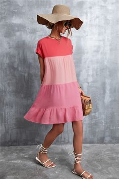 Orange & Pink Color Block Ruffle-Accent Shift Mini Dress Women Sweet Beach Dresses Orange Pink Color, Cheap Clothes, Mini Shift Dress, Beach Dresses, Pink Color, Color Block, Pink And Orange, Dresses For Sale, Dress Skirt