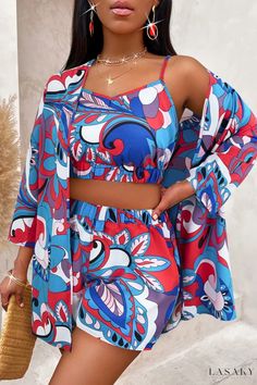 Lasaky - Classic V-Neck Long Sleeve Three-Piece Set with Casual Print Design Blue V-neck Vacation Sets, Two-piece V-neck Beach Set, Multicolor Tops For Beach Season Loungewear, Summer Two-piece V-neck Set, Summer Long Sleeve Sets For Brunch, Red Beachwear Sets For Vacation, Vacation V-neck Two-piece Set, V-neck Two-piece Vacation Set, Red Vacation Sets For Beach Season