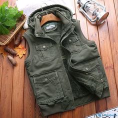 OrcaJump - Winter Casual Cotton Vest with Detachable Hood, Padded and Thickened, for Sleeveless Jacket Cotton Vest, Sleeveless Jacket, Detachable Hood, Winter Casual, Military Green, Types Of Collars, Stand Up, Lingerie, Mens Outfits