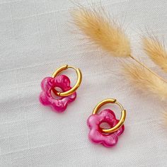 Fuchsia Resin Flower Charm Huggie Hoop Earrings - Hypoallergenic Stainless Steel, Hypoallergenic Earrings, Handmade Jewelry, Gift For Her Add a touch of charm to your style with these delightful colored resin flower-shaped charm huggie hoop earrings. Each earring features a meticulously crafted flower charm made from high-quality uv resin, suspended from a sleek 19mm stainless steel huggie hoop. The stainless steel hoop offers durability and a hypoallergenic design, making it ideal for those wit Trendy Flower Shaped Hoop Earrings Gift, Pink Small Hoop Earrings In Cute Style, Cute Small Hoop Pink Earrings, Cute Pink Hoop Earrings For Gift, Trendy Pink Hoop Earrings As Gift, Nickel Free Pink Flower Earrings, Cute Small Hoop Pink Jewelry, Small Pink Hoop Earrings Nickel Free, Pink Small Hoop Earrings For Gift