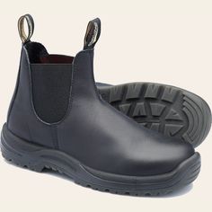 The #179 is a slip-on safety boot with a tough kick guard to protect leather in the toe area. The penetration-resistant insole offers an extra level of underfoot protection. Black Blundstones, Black Waterproof Impact-resistant Boots For Safety, Black Slip-resistant Safety Boots, Blundstone Black, Blundstone Boots 1306, Black Work Boots, Black Leather Chelsea Boots, Leather Work Boots, Blundstone Boots