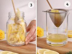 two pictures showing how to make lemonade in a mason jar, and then adding lemons