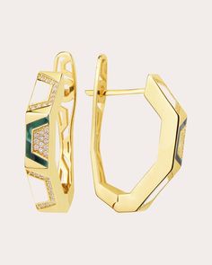 Edgy and geometric, these 18-karat gold hoops decorate their flat, outer edges with pavé-set diamonds and green and white enamel inlay. From TERZIHAN’s Epoca Collection, a colorfully unique ode to ancient Mediterranea. Hinge click closure 18k yellow gold, green enamel, white enamel and diamond Diamond carat: 0.36 ctw Diamond color: F Diamond clarity: VS Polish with soft cloth Made in Turkey Measurements Diameter: 1.37in | TERZIHAN Women's Epoca Lycia Hoop Earrings in Emerald Grand Central Terminal, Grand Central, Diamond Carat, Diamond Hoop Earrings, Green Enamel, Gold Enamel, Diamond Color, Gold Hoops, White Enamel