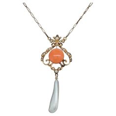 Simply Beautiful! Vintage Coral Seed Pearl and Pearl Drop Victorian Pendant Necklace. Hand set with a Coral Button surrounded by Seed Pearls and a Pearl Drop. Suspended from a 16” Gold chain. Hand crafted in 14K Yellow Gold. More Beautiful in Real time! Sure to be admired…A piece you’ll turn to time and again! Luxury Cabochon Medallion Necklace, Luxury Oval Necklace With Bail, 1930s Necklace, Coral Jewelry Vintage, Victorian Pendant Necklace, Victorian Pendants, Victorian Gold, Coral Jewelry, Seed Pearl