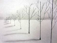 a pencil drawing of trees in the snow