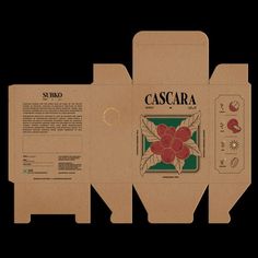 an open cardboard box with the label cascara on it's front and back sides