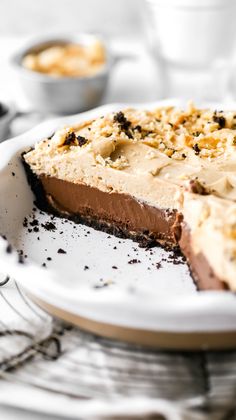 a piece of chocolate pie on a white plate