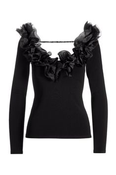 Dramatic ruffle detail creates a glamorous look for making an unforgettable impression whenever you step out in this long-sleeve V-neck sweater. The luxurious viscose blend has slight stretch with a sleek, smooth feel against the skin and offers a shapely fit.