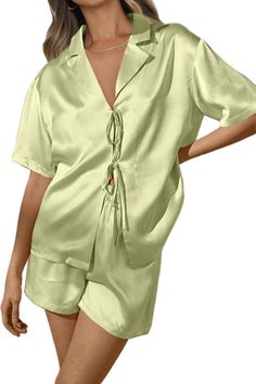 PRICES MAY VARY. Excellent quality: 97% Polyester+3% Spandex,breathable and thin fabric,which makes you feel soft and comfy and have a sound sleep.This fabric is more comfortable,smoother,soft than normal fabric. The tie front shorts sleeve women pajamas sets features unique closure-tie knot front,notch collar,short sleeve,shorts,elastic wasit,high waisted,silky smooth touch,relaxed fit.This silk satin short sleeve pajamas sets will bring out your natural elegance,while its delicate detail such Tops And Shorts, Outfits Unique, Bridesmaid Pyjamas, Pajamas Sets, Silk Pajama Set, Satin Pyjama Set, Short Sleeve Tops, Satin Pajamas, Silk Pajamas