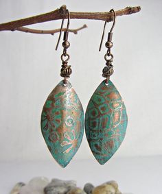 Elegant Turquoise Long Leaf Earrings Copper Handmade Jewelry - Etsy Artisan Earrings With Patina For Gifts, Artisan Patina Earrings As A Gift, Artisan Earrings With Patina As Gift, Artistic Copper Earrings With Patina, Artisan Drop Earrings With Patina, Rustic Bronze Earrings With Patina, Unique Patina Copper Earrings, Unique Copper Earrings With Patina, Artistic Metal Jewelry With Patina