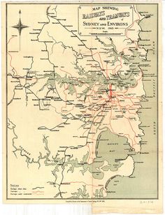 an old map of the city of sydney and envirs, with roads marked in red