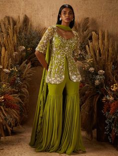 Shloka Khialani-Light Green Mira Embellished Sharara Set-INDIASPOPUP.COM Mehendi Outfit, Sharara Designs, Haldi Outfits, Trendy Outfits Indian, Mehendi Outfits, Diwali Outfits, Floral Work, Indian Dresses Traditional, Traditional Indian Outfits