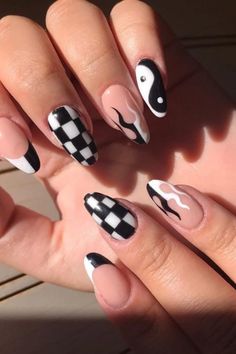 Checkered Nails DIY Are Now Trending On Pinterest Diy Checkered Nails, Checkered Almond Nails, How To Do Checkered Nails, Checkboard Nails, Mclaren Nails, Checkered Nail Art, F1 Nails, Unique Nail Ideas, Pink Overlay