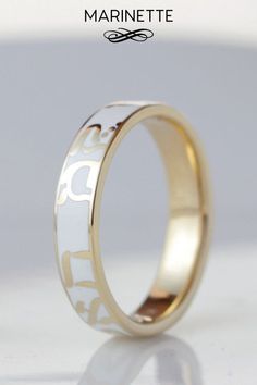 "This elegant band is one of my collection's favorite pieces. Choose the words, the names or the dates that matter most to your heart and display them on this beautiful band in 14K gold and white enamel. This ring is made to order, specially to your measurements. 4.3 mm wide. Available in yellow, white, or pink 14K gold. Just send me a message for more information. IMPORTANT: To avoid any mistake, please let me know the following information in the \"note to seller\" section when you order: - Wi Personalized Gold Necklace, Monogram Bracelet, Gold Monogram, Custom Necklace, Wedding Bracelet, White Enamel, Pearl Bracelet, Band Ring, Hanukkah