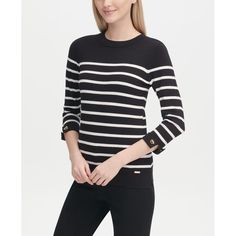 Cuffed Sleeves With Shiny Hardware Details Give This Striped Crewneck Sweater From Calvin Klein A Polished And Sophisticated Finish. Hits At Hip Crewneck 3/4-Cuffed Sleeves With Hardware Details Rayon/Nylon Hand Wash Imported Black Workwear Tops With Striped Cuffs, Black Tops With Striped Cuffs For Work, Black Striped Cuffs Tops For Work, Chic Black Calvin Klein Tops, Calvin Klein Black Tops For Work, Calvin Klein Black Tops For Workwear, White Turtleneck Sweater, Striped Crewneck, Women Ties