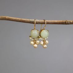 Jade Earrings Stud, Gold Jade Wedding Earrings, Jade Drop Earrings For Anniversary, Elegant Jade Dangle Earrings, Handmade Jade Jewelry For Weddings, Elegant Jade Earrings For May Birthstone, Jade Pearl Drop Earrings As Gift, Jade Round Earrings For Wedding, Round Jade Earrings For Wedding