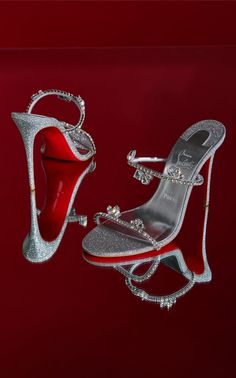 Just Queen 100mm Crystal-Embellished Leather Pvc Sandals By Christian Louboutin | Moda Operandi High Sandals Heels, Silver Red Bottom Heels, Louboutin Sandals Heels, Designer Heels Aesthetic, Luxury Shoes Heels, Expensive Heels, Heels Louboutin, Shiny Heels, Silver High Heel Shoes