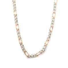 Platinum Chains by Jewelove Platinum & 18K Rose Gold chain for men. Metal : Platinum & 18K Rose Gold Platinum Purity : 95% Gold Purity : 18K Purity Mark : Pt 950 & 18K Length : 20 / 22 / 24 / 26 inches (Length can be custom made on order) Estimated Weight : 26.93 grams (in 20 inches) Certificate of Authenticity : Platinum Guild International This chain is not eligible for exchange or refund. Platinum Gold Chain For Men, Gold And Platinum Chain For Men, Rose Gold Chain For Men, Rose Gold Figaro Chain Necklace, Formal Rose Gold Jewelry With Figaro Chain, White Gold Chain For Men, Platinum Chains For Men, Rose Gold Chain Mens, Men Gold Chain