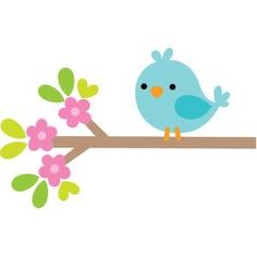 a blue bird sitting on top of a tree branch with pink and green flowers around it