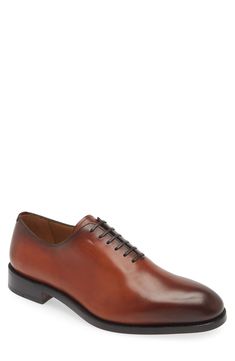 Richly burnished calfskin distinguishes this plain-toe oxford crafted in Italy using the label's exclusive Tramezza construction. Lace-up style Leather upper, lining and sole Made in Italy Designer Shoes Luxury Cognac Cap Toe Dress Shoes, Luxury Cognac Dress Shoes For Work, Luxury Plain Toe Oxfords In Cognac, Timeless Cognac Oxfords For Business, Business Cognac Oxfords With Goodyear Welt, Elegant Cognac Oxfords For Business, Bridle Leather Cap Toe Oxfords For Formal, Bridle Leather Cap Toe Oxfords For Formal Occasions, Timeless Bridle Leather Oxfords For Formal Occasions