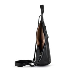 a black leather bag on a white background