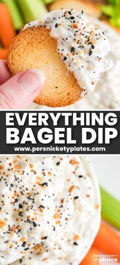 everything bagel dip in a white bowl with sprinkles and carrots