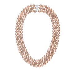 This stunning triple-strand necklace of 7.5-8.0 mm pearls is composed of slightly off-round (AA+) quality pearls. The pearls' surfaces are virtually clean of any imperfections and possess a lovely luster and shine. The pearl color ranges from pink to peach and is completely natural. This necklace is composed of 17, 18 and 19-inch nested strands of pearls, double-knotted on silk and finished with a polished 14-karat gold, bar-style clasp. Necklaces Pink, Peach Necklace, Peach Jewelry, Knot Jewelry, Necklace Clasp, Freshwater Pearl Jewelry, Jewelry Knots, Cultured Pearl Necklace, Clasp Necklace