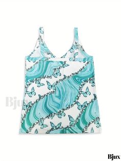 Bjux - Chic Butterfly Sequin Print Cami Top: Stylish V Neck Summer Sleeveless Top for Women, Fashionable Womens Clothing Casual Summer Vest With Built-in Bra, Printed Stretch Tank Top For Summer, Y2k Stretch Tank Top For The Beach, Y2k Style Stretch Tank Top For Beach, Y2k Camisole Tank Top For Beach, Trendy Printed Summer Tank Top, Trendy Beach Camisole, Trendy Printed Tank Top For Summer, Trendy Summer Printed Tank Top